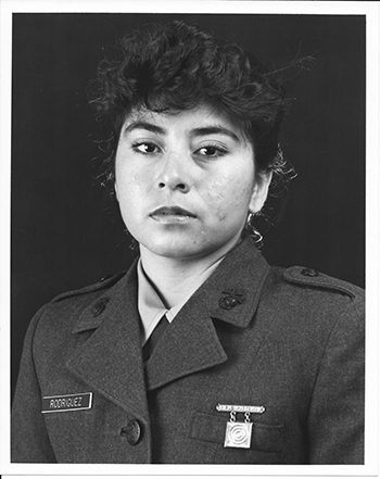Yolanda Rodriguez in military uniform, pictured in black and white