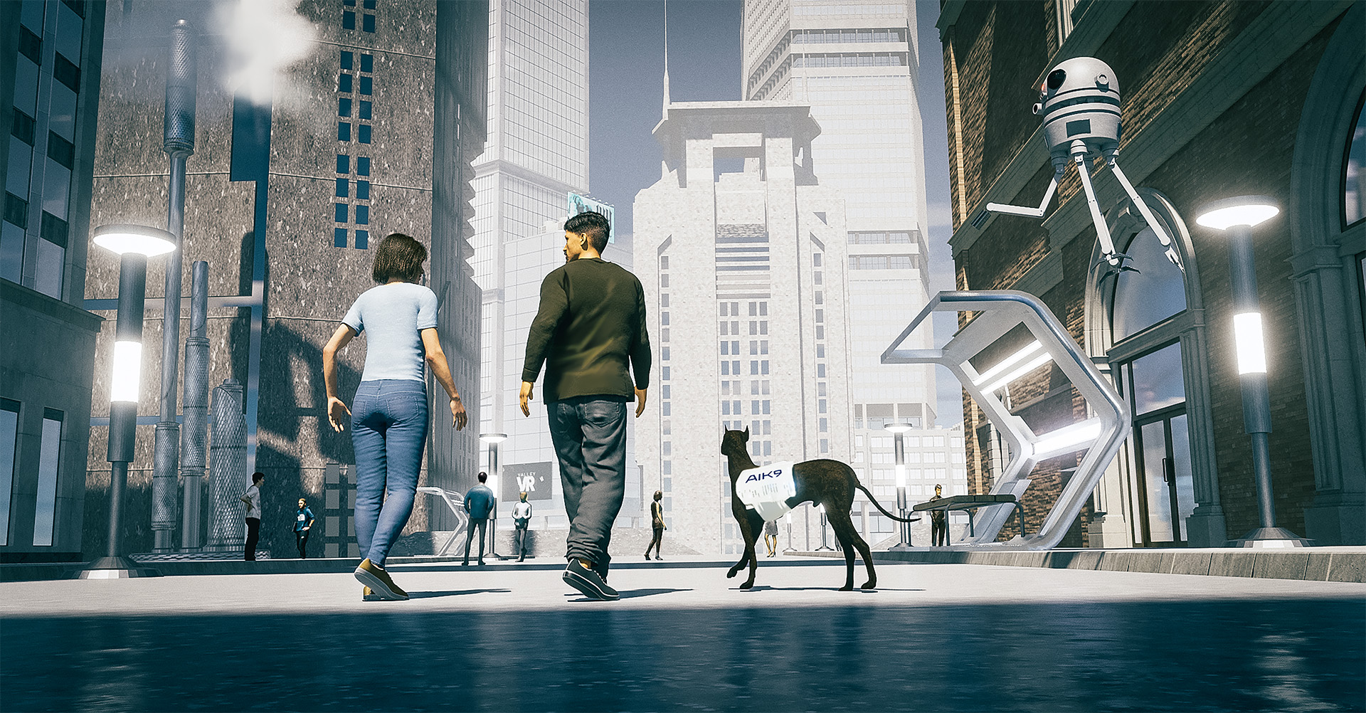 Futuristic depiction of a city including people, a dog, and a floating robot
