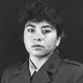 Yolanda Rodriguez in military uniform, pictured in black and white