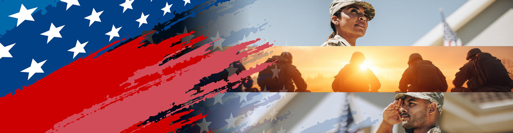 An abstract American flag with images of soldiers in various settings.